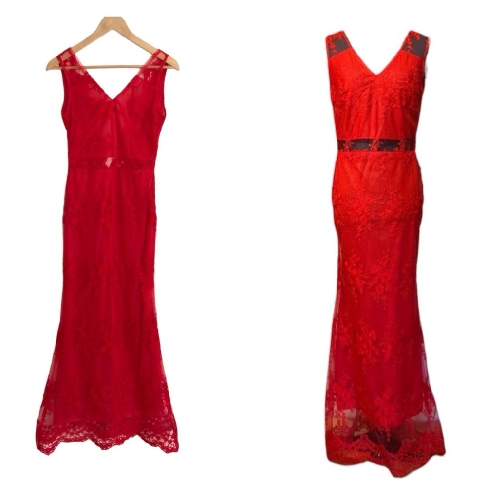 Red Boudoir Chic long lace dress. Low back maxi or lingerie. Small. Prom dress